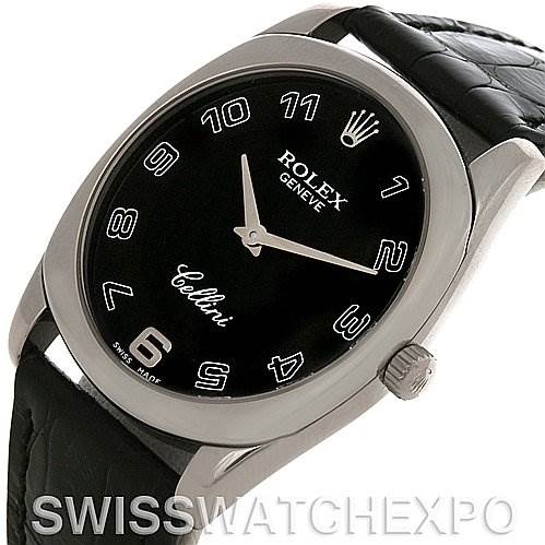 The image shows a Rolex Cellini 4233 Men's White Gold Black Dial 4233 Men's White Gold Black Dial watch at a slight angle, focusing on the dial, case, crown, and part of the leather strap.