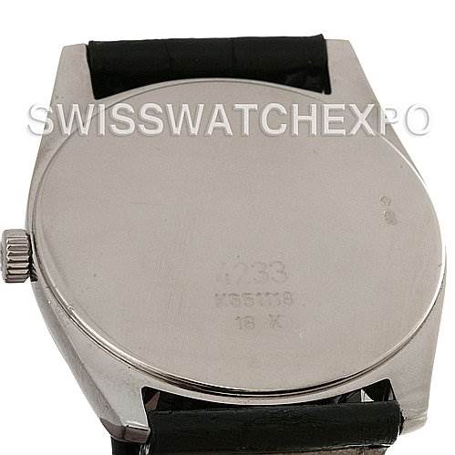 This image shows the back view of the Rolex Cellini 4233 Men's White Gold Black Dial 4233 Men's White Gold Black Dial watch, highlighting the case back and part of the leather strap.