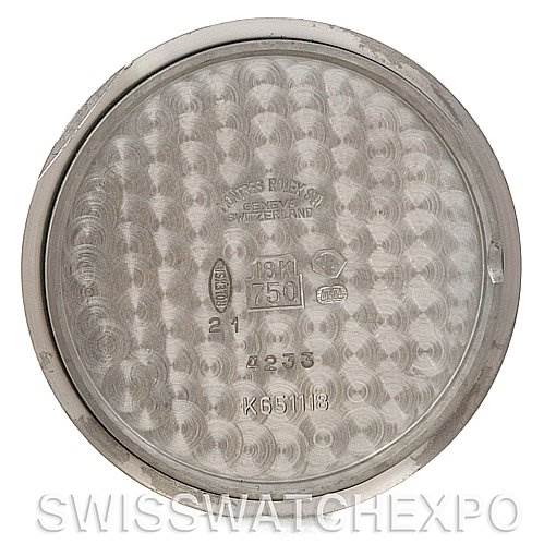 This image shows the inside case back of a Rolex Cellini 4233 Men's White Gold Black Dial 4233 Men's White Gold Black Dial watch, displaying branding and model engravings.