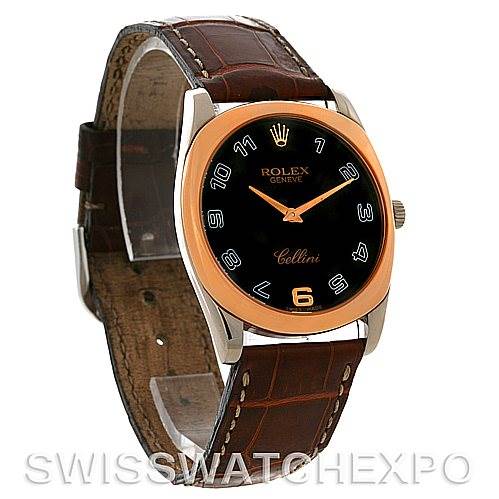 This image shows a front angle of a Rolex Cellini 4233 Men
s White Gold Black Dial 4233 Men
s White Gold Black Dial watch, highlighting the face, bezel, and leather strap.