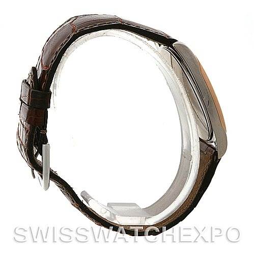 The image shows a Rolex Cellini 4233 Men
s White Gold Black Dial 4233 Men
s White Gold Black Dial watch from the side, highlighting the strap, case, and clasp.