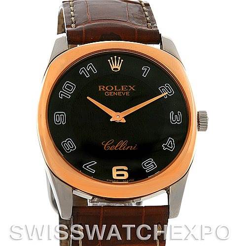 This image shows the front view of a Rolex Cellini 4233 Men
s White Gold Black Dial 4233 Men
s White Gold Black Dial watch, highlighting the dial, hands, case, and leather strap.