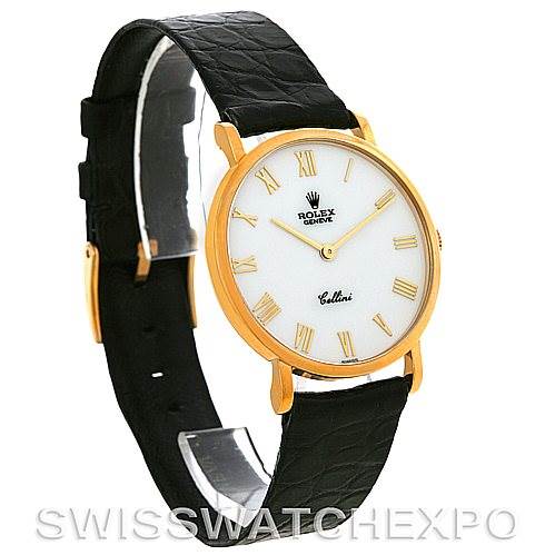 The image shows a side view of the Rolex Cellini 5112 Men's Yellow Gold White Dial 5112 Men's Yellow Gold White Dial watch, highlighting its black leather strap and gold case.