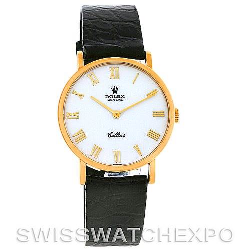 The image shows a frontal view of a Rolex Cellini 5112 Men's Yellow Gold White Dial 5112 Men's Yellow Gold White Dial watch, highlighting its gold case, white dial, and black leather strap.
