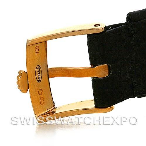 The image shows a close-up of the gold buckle and black leather strap for a Rolex Cellini 5112 Men's Yellow Gold White Dial 5112 Men's Yellow Gold White Dial watch.