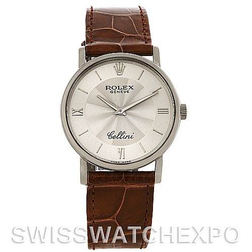 The image shows a front view of a Rolex Cellini 5115 Men's White Gold Silver Dial 5115 Men's White Gold Silver Dial watch with a brown leather strap and a silver dial.