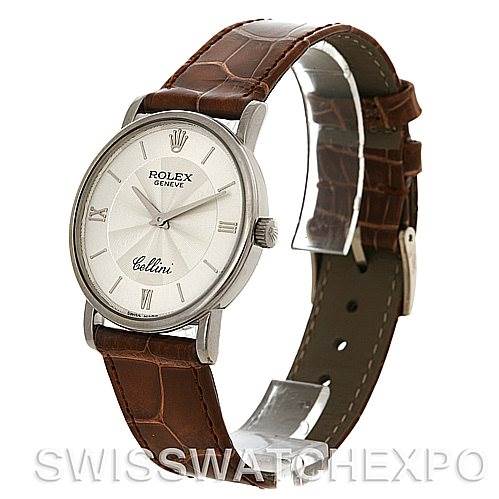 The image shows a side view of a Rolex Cellini 5115 Men's White Gold Silver Dial 5115 Men's White Gold Silver Dial watch with a brown leather strap and a silver dial.