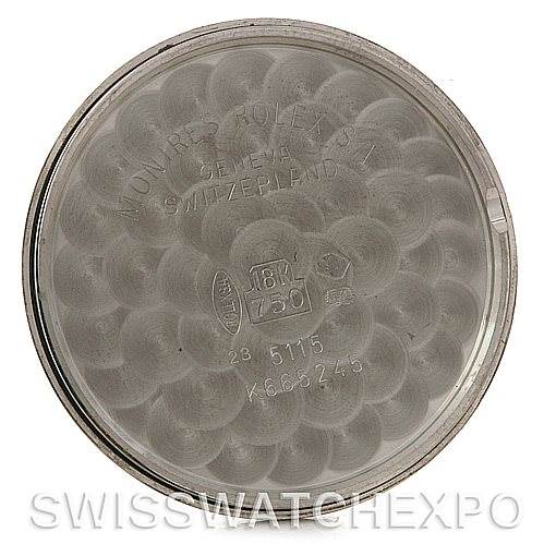 This is the case back for a Rolex Cellini 5115 Men's White Gold Silver Dial 5115 Men's White Gold Silver Dial watch, showcasing the model and serial numbers.