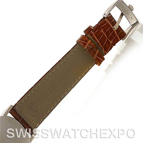 The image shows the side angle of the leather strap and buckle of a Rolex Cellini 5115 Men's White Gold Silver Dial 5115 Men's White Gold Silver Dial watch.