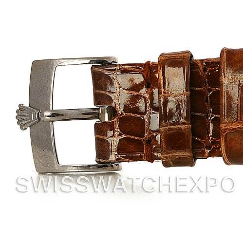 This image shows a close-up side view of the buckle and leather strap of a Rolex Cellini 5115 Men's White Gold Silver Dial 5115 Men's White Gold Silver Dial watch.