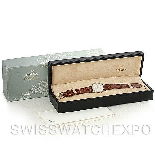 The Rolex Cellini 5115 Men's White Gold Silver Dial 5115 Men's White Gold Silver Dial watch is displayed in its open box, showing a full view of the watch and the packaging.