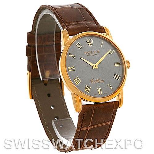 The image shows a Rolex Cellini 5116 Men's Yellow Gold Grey Dial 5116 Men's Yellow Gold Grey Dial watch at a three-quarter angle, displaying the face, gold case, and brown leather strap.