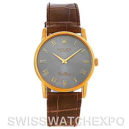 This image shows the front view of a Rolex Cellini 5116 Men's Yellow Gold Grey Dial 5116 Men's Yellow Gold Grey Dial watch with a gold case and leather strap.