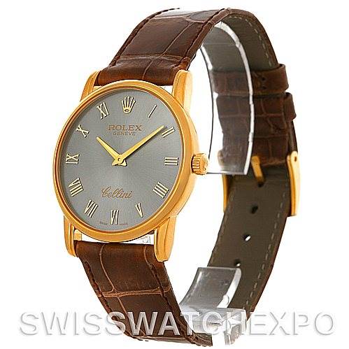 This image displays a Rolex Cellini 5116 Men's Yellow Gold Grey Dial 5116 Men's Yellow Gold Grey Dial watch at a slight angle, showcasing the face, hands, strap, and crown.