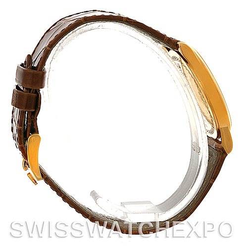 The image shows a side profile of a Rolex Cellini 5116 Men's Yellow Gold Grey Dial 5116 Men's Yellow Gold Grey Dial watch focusing on the leather strap and clasp.