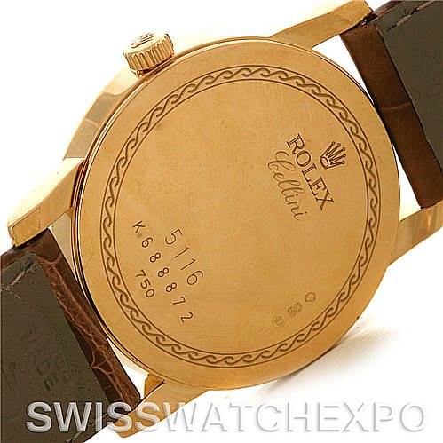 The image shows the back of a Rolex Cellini 5116 Men's Yellow Gold Grey Dial 5116 Men's Yellow Gold Grey Dial watch, including the case, strap attachments, and crown.