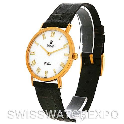 The image shows a Rolex Cellini 4112 Yellow Gold White Dial 4112 Yellow Gold White Dial watch at an angled side view, highlighting its gold case, white dial, black leather strap, and gold clasp.