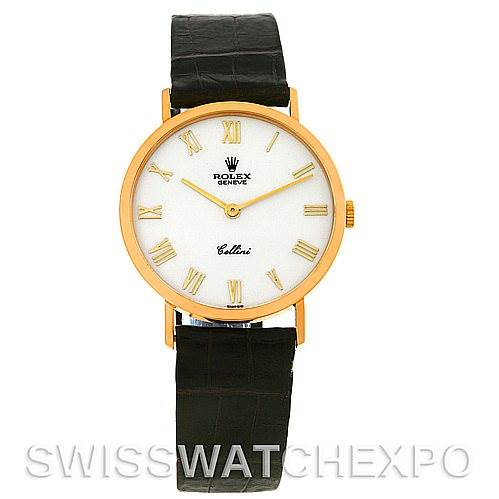 This image shows a frontal view of the Rolex Cellini 4112 Yellow Gold White Dial 4112 Yellow Gold White Dial watch with a gold case, white dial, and leather strap.