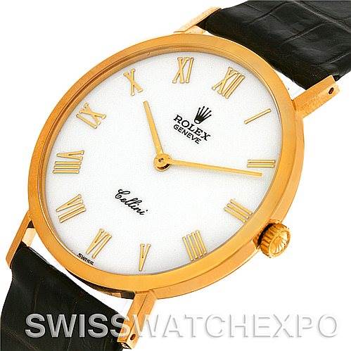 The image shows a Rolex Cellini 4112 Yellow Gold White Dial 4112 Yellow Gold White Dial watch at an angled side view, highlighting the gold case, crown, white dial, and black leather strap.