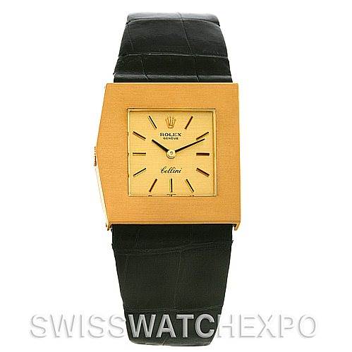 This is a front view of the Rolex Cellini 4017 Men
s Yellow Gold Champagne Dial 4017 Men
s Yellow Gold Champagne Dial watch displaying its square gold-tone dial and black leather strap.