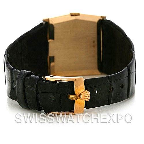 This image shows the back and clasp of the Rolex Cellini 4017 Men
s Yellow Gold Champagne Dial 4017 Men
s Yellow Gold Champagne Dial model with a black leather strap and a gold buckle.