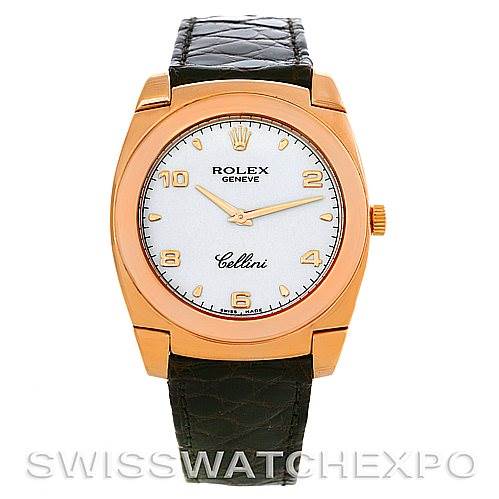 The Rolex Cellini 5330/5 Men's Rose Gold White Dial 5330/5 Men's Rose Gold White Dial watch is shown from a front angle, displaying the dial, hands, case, and strap.