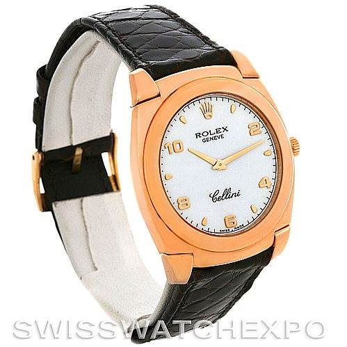 This image shows a Rolex Cellini 5330/5 Men's Rose Gold White Dial 5330/5 Men's Rose Gold White Dial watch at an angled side view, highlighting its face, bezel, and black leather strap.