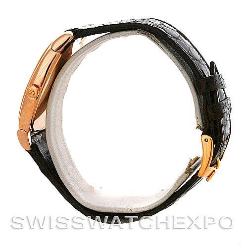 This side view shows the case, crown, and leather strap of the Rolex Cellini 5330/5 Men's Rose Gold White Dial 5330/5 Men's Rose Gold White Dial watch.