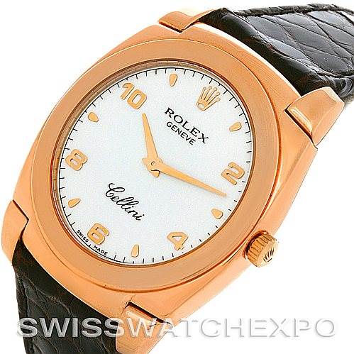 The image shows a Rolex Cellini 5330/5 Men's Rose Gold White Dial 5330/5 Men's Rose Gold White Dial watch from an angled top view, highlighting the dial, case, and part of the leather strap.