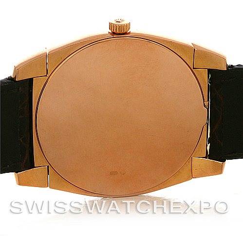 The image shows the backside of a Rolex Cellini 5330/5 Men's Rose Gold White Dial 5330/5 Men's Rose Gold White Dial watch, highlighting the case back and black leather straps.