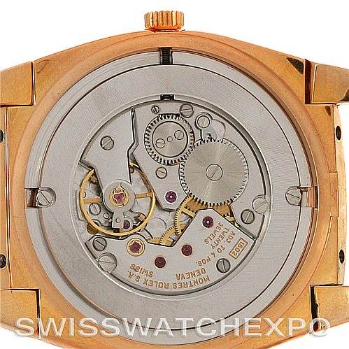 This image shows the back of a Cellini model Rolex watch, displaying its movement and internal mechanisms.