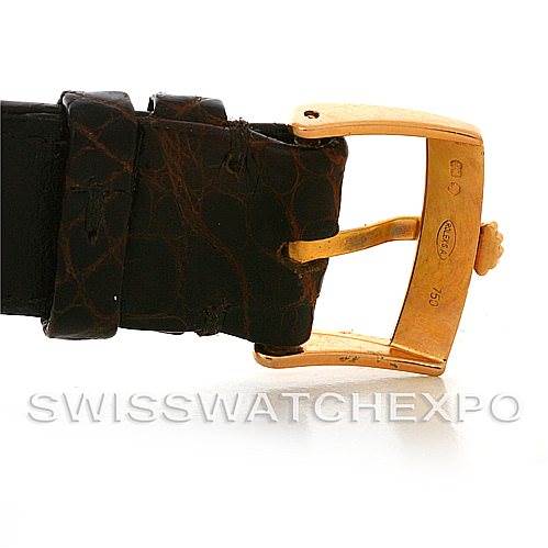 The image shows a close-up of the gold buckle and leather strap of a Rolex Cellini 5330/5 Men's Rose Gold White Dial 5330/5 Men's Rose Gold White Dial watch.