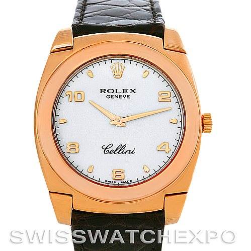 This image shows a front view of a Rolex Cellini 5330/5 Men's Rose Gold White Dial 5330/5 Men's Rose Gold White Dial watch with a white dial, gold markers, and a black leather strap.