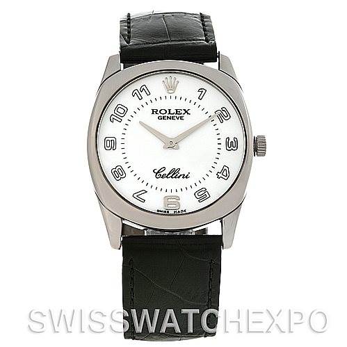 The Rolex Cellini 4233 Men's White Gold White Dial 4233 Men's White Gold White Dial watch is shown from a front angle, displaying the dial, hands, crown, and leather strap.