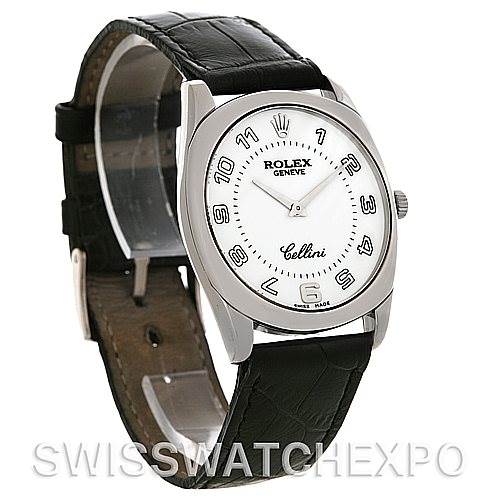 This image shows a side angle of the Rolex Cellini 4233 Men's White Gold White Dial 4233 Men's White Gold White Dial watch, including the watch face, case, crown, and leather strap.