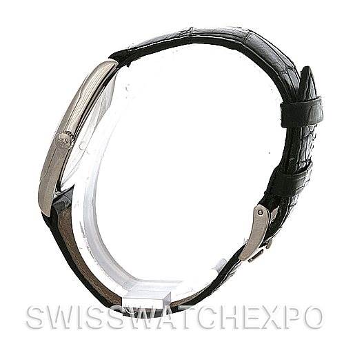 The image is a side profile view of a Rolex Cellini 4233 Men's White Gold White Dial 4233 Men's White Gold White Dial watch, showcasing its case and leather strap.