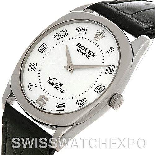 The image shows the face and part of the leather strap of a Rolex Cellini 4233 Men's White Gold White Dial 4233 Men's White Gold White Dial watch at a slight diagonal angle.
