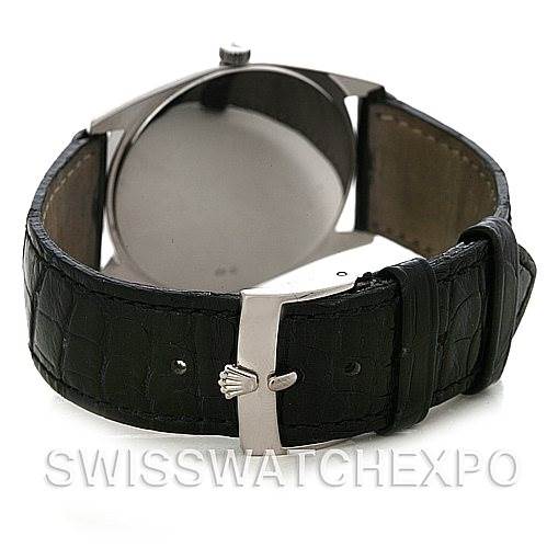 The image shows the back and clasp of a Rolex Cellini 4233 Men's White Gold White Dial 4233 Men's White Gold White Dial watch, focusing on the leather strap and clasp.