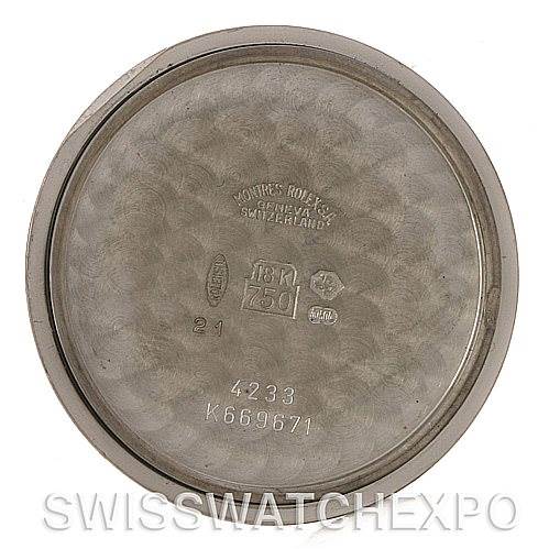 The image shows the inside case back of a Rolex Cellini 4233 Men's White Gold White Dial 4233 Men's White Gold White Dial watch, displaying various engravings including "18K" and serial numbers.