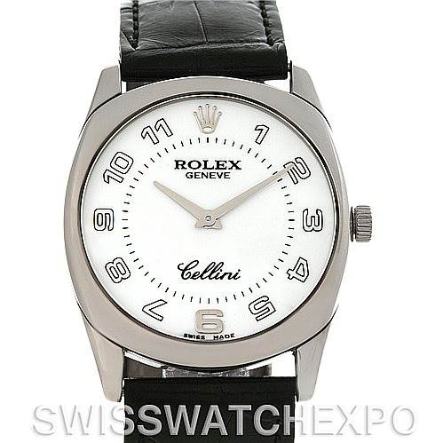 The image shows a frontal view of the Rolex Cellini 4233 Men's White Gold White Dial 4233 Men's White Gold White Dial watch, featuring its face, hands, crown, and leather strap.