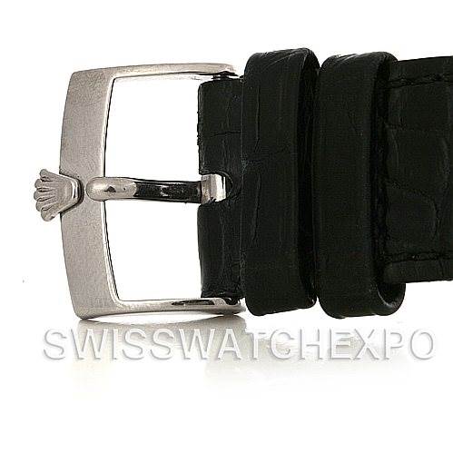 This image shows the buckle and part of the leather strap of a Rolex Cellini 4233 Men's White Gold White Dial 4233 Men's White Gold White Dial watch.