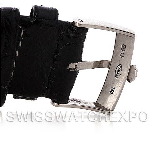 This image shows the buckle and part of the leather strap of a Rolex Cellini 4233 Men's White Gold Black Dial 4233 Men's White Gold Black Dial watch.