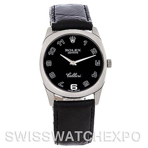 The image shows a front view of the Rolex Cellini 4233 Men's White Gold Black Dial 4233 Men's White Gold Black Dial watch with a black dial and black leather strap.