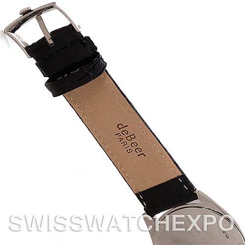 This image shows the strap and buckle of a Rolex Cellini 4233 Men's White Gold Black Dial 4233 Men's White Gold Black Dial watch from the back, along with the "deBeer Paris" branding on the strap.