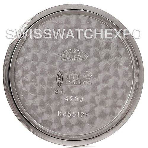 This image shows the inner case back of a Rolex Cellini 4233 Men's White Gold Black Dial 4233 Men's White Gold Black Dial watch, featuring various engravings and markings.