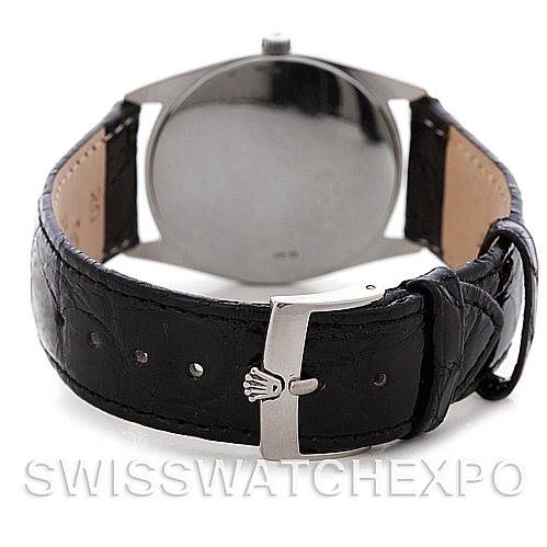 The image shows the back view of the Rolex Cellini 4233 Men's White Gold Black Dial 4233 Men's White Gold Black Dial watch, including the strap and clasp, with the buckle facing forward.