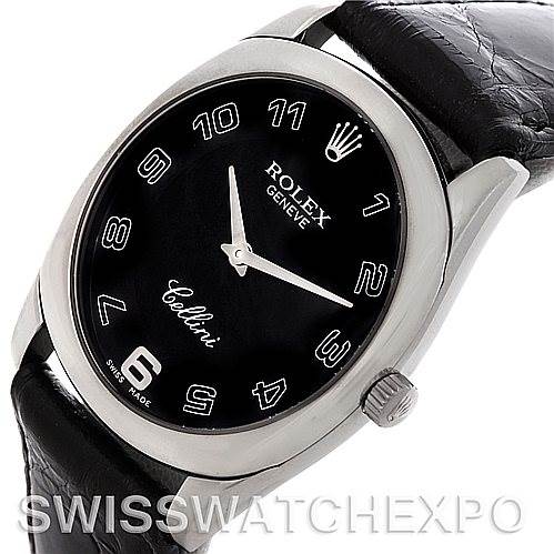 This image shows a Rolex Cellini 4233 Men's White Gold Black Dial 4233 Men's White Gold Black Dial watch at a slight angle, highlighting its black dial, numeric hour markers, and leather strap.