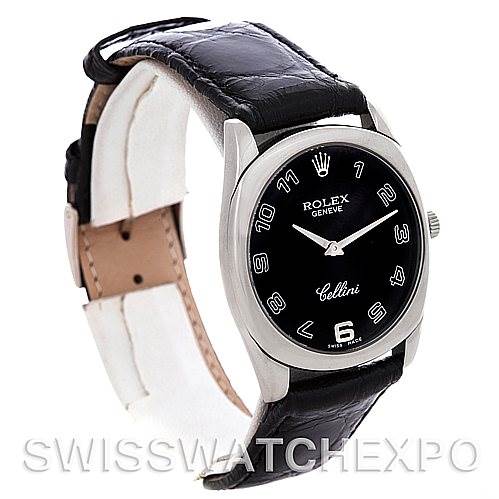 The watch in the image is a Rolex Cellini 4233 Men's White Gold Black Dial 4233 Men's White Gold Black Dial, shown at an angle displaying the face, bezel, and black leather strap.