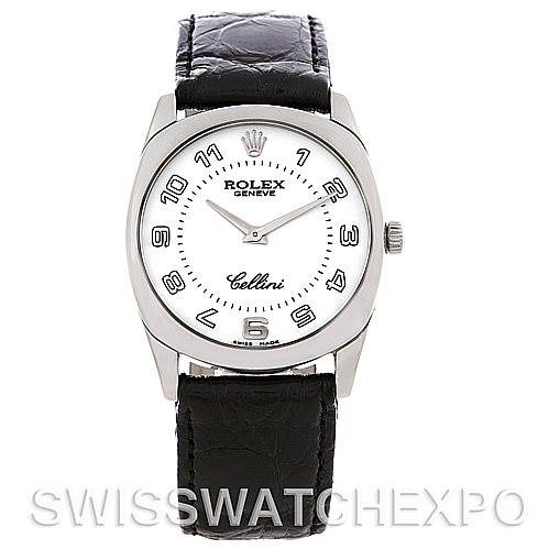 This image shows a front view of a Rolex Cellini 4233 Men
s White Gold White Dial 4233 Men
s White Gold White Dial watch, detailing the white dial, silver case, and black leather strap.