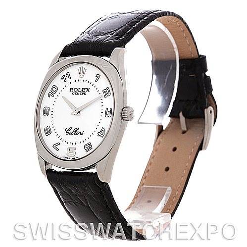 The Rolex Cellini 4233 Men
s White Gold White Dial 4233 Men
s White Gold White Dial watch is shown at a slight angle, highlighting its round case, dial, numerals, and black leather strap.